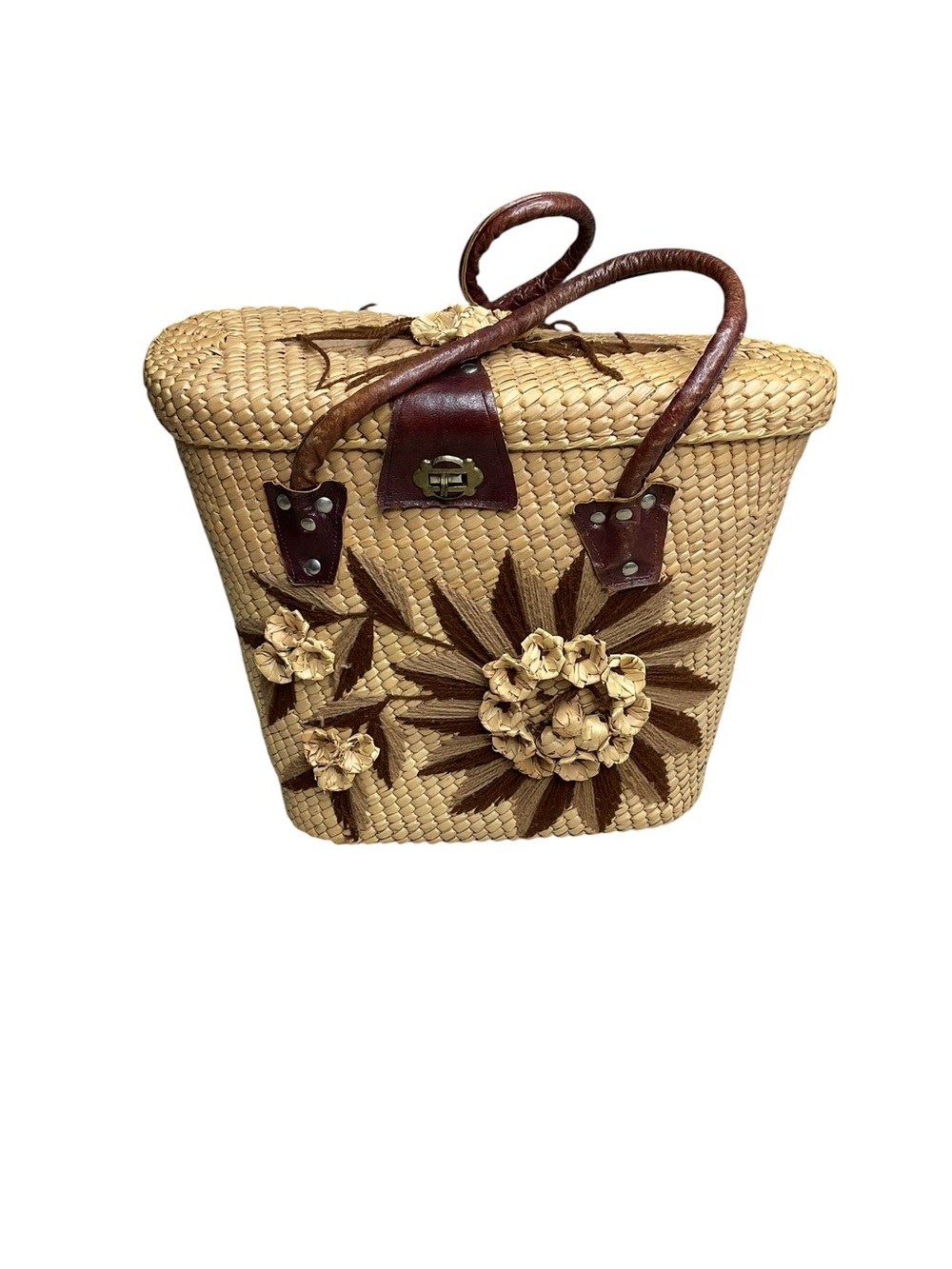 Vintage Woven Straw Basket Purse Floral Raffia Picnic Cottagecore Bag - Picture 2 of 7